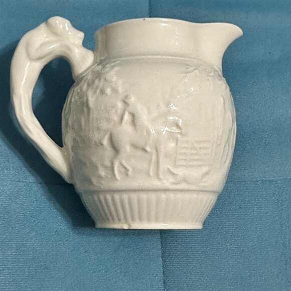 Wedgwood Etruria Pitcher Jug Dog Handle Hunt Scene Horse Off White 4" - Picture 5 of 8